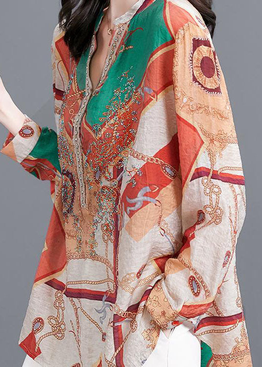 Colorblock V Neck Zircon Print Cotton Shirt Tops Spring