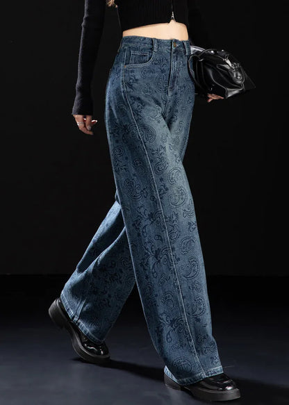 Boutique Blue Pockets Print Denim Pants Spring