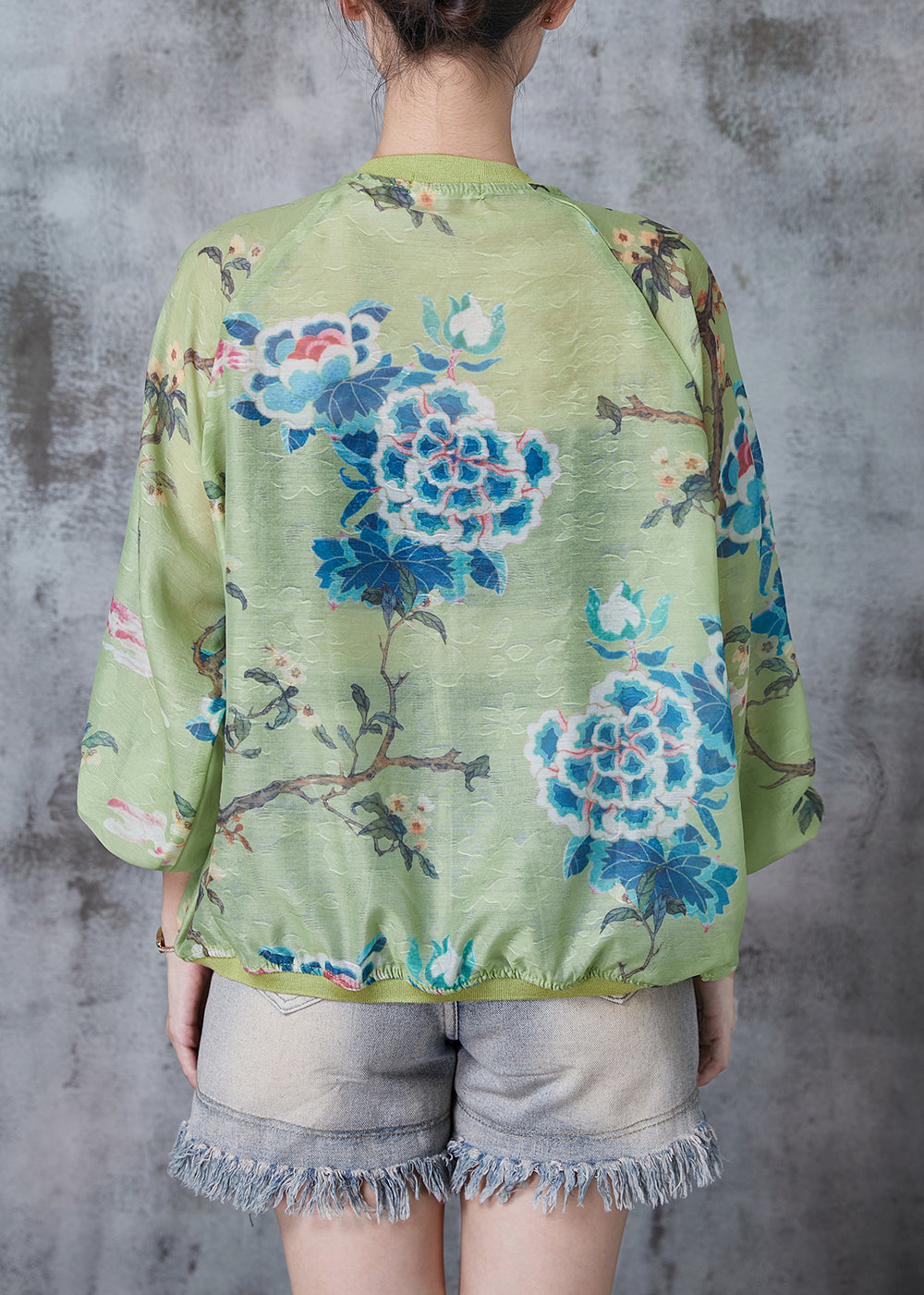 Green Oversized Print Silk Jackets Fall