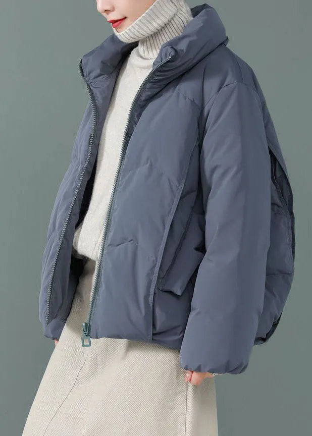 Blue Stand Collar Zip Up Duck Down Jackets Long Sleeve