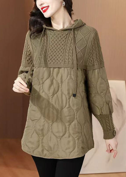 Khaki Hooded Knit Patchwork Thick Tops Long Sleeve