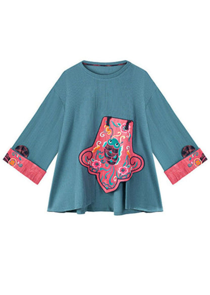 Blue Asymmetrical Design Embroideried Sweatshirts Tops Spring