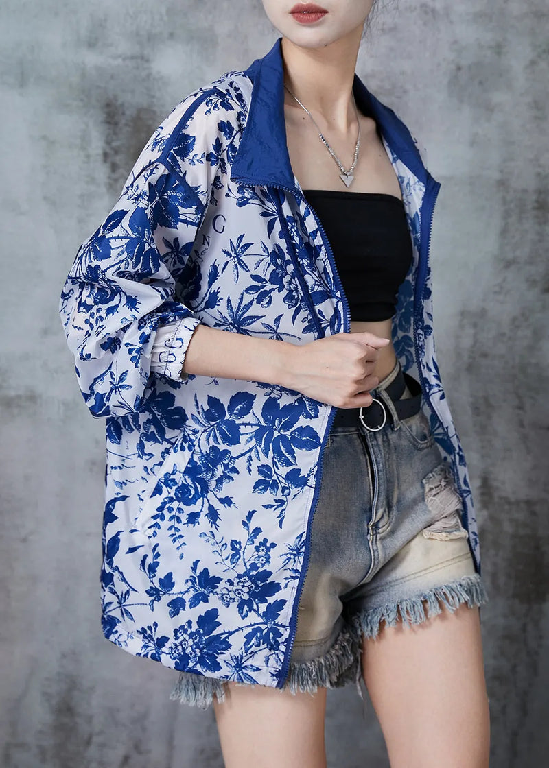 Blue Hooded Print Spandex Coat Outwear Fall