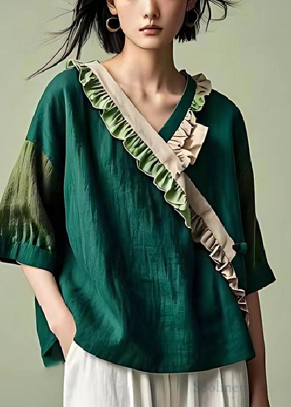 Blackish Green Ruffled Patchwork Linen Top Summer