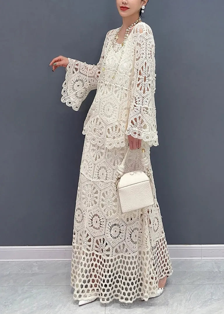 White Hollow Out Knit Two Piece Set Outfits Summer