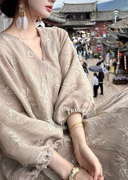 Chinese Style V Neck Print Maxi Dresses Lantern Sleeve