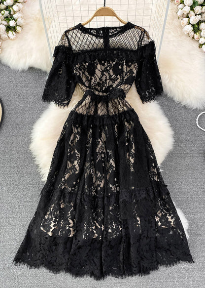 Black O-neck Hollow Out Tunic Lace Long Dress Short Sleeve
