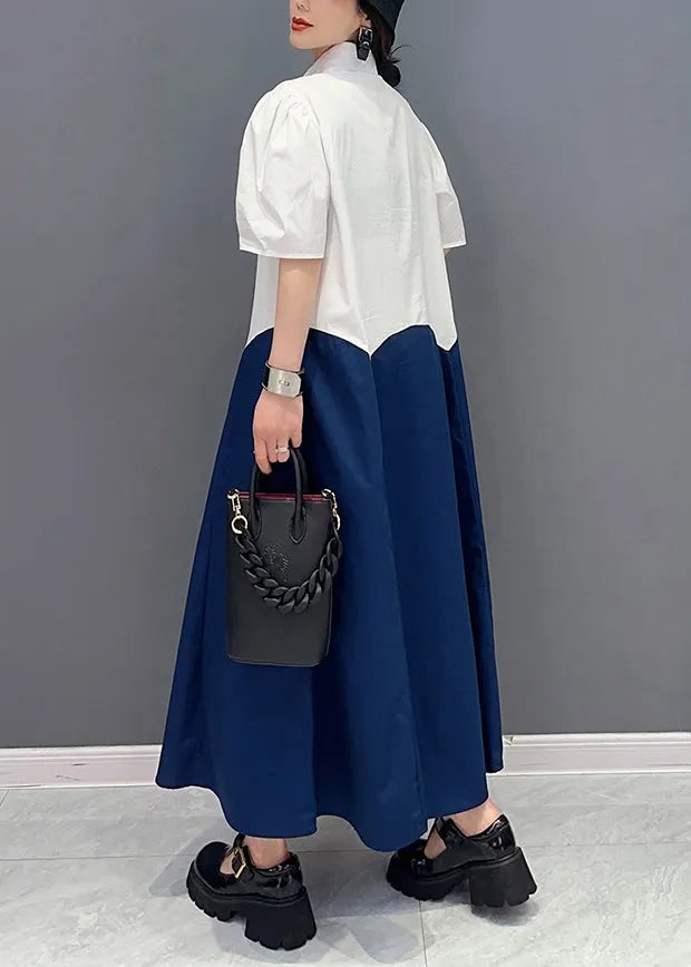 Navy Patchwork Cotton a Line Dress Slim Fit Summer