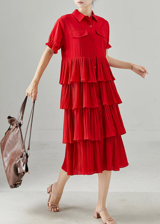 Red Peter Pan Collar Patchwork Chiffon Dress Summer