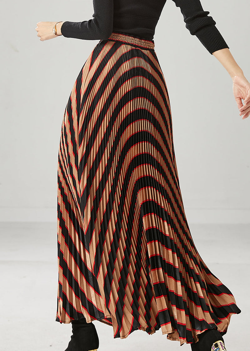 Coffee High Waist Striped Spandex Pleated Skirts Spring