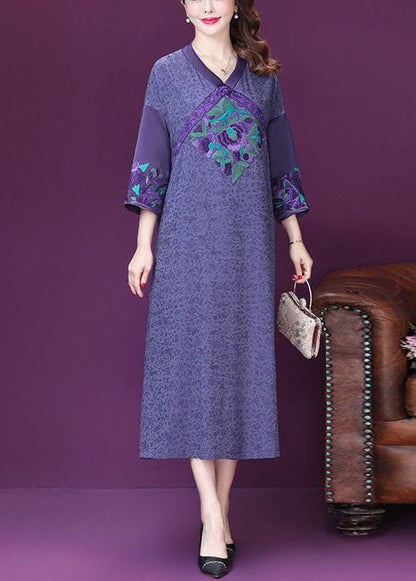 Purple Embroideried Patchwork Silk a Line Dresses Bracelet Sleeve