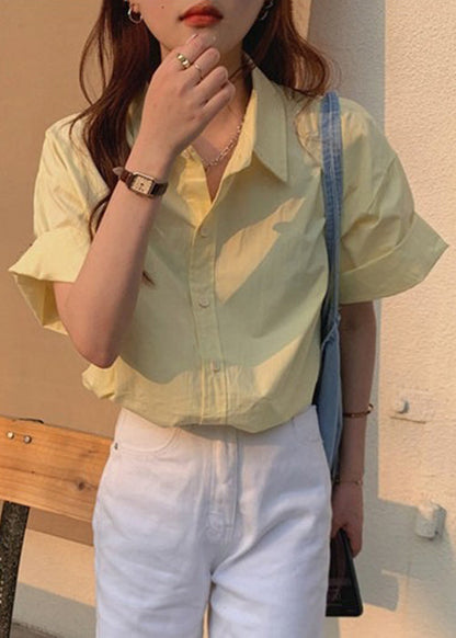 Yellow Button Cotton Summer Shirt Peter Pan Collar