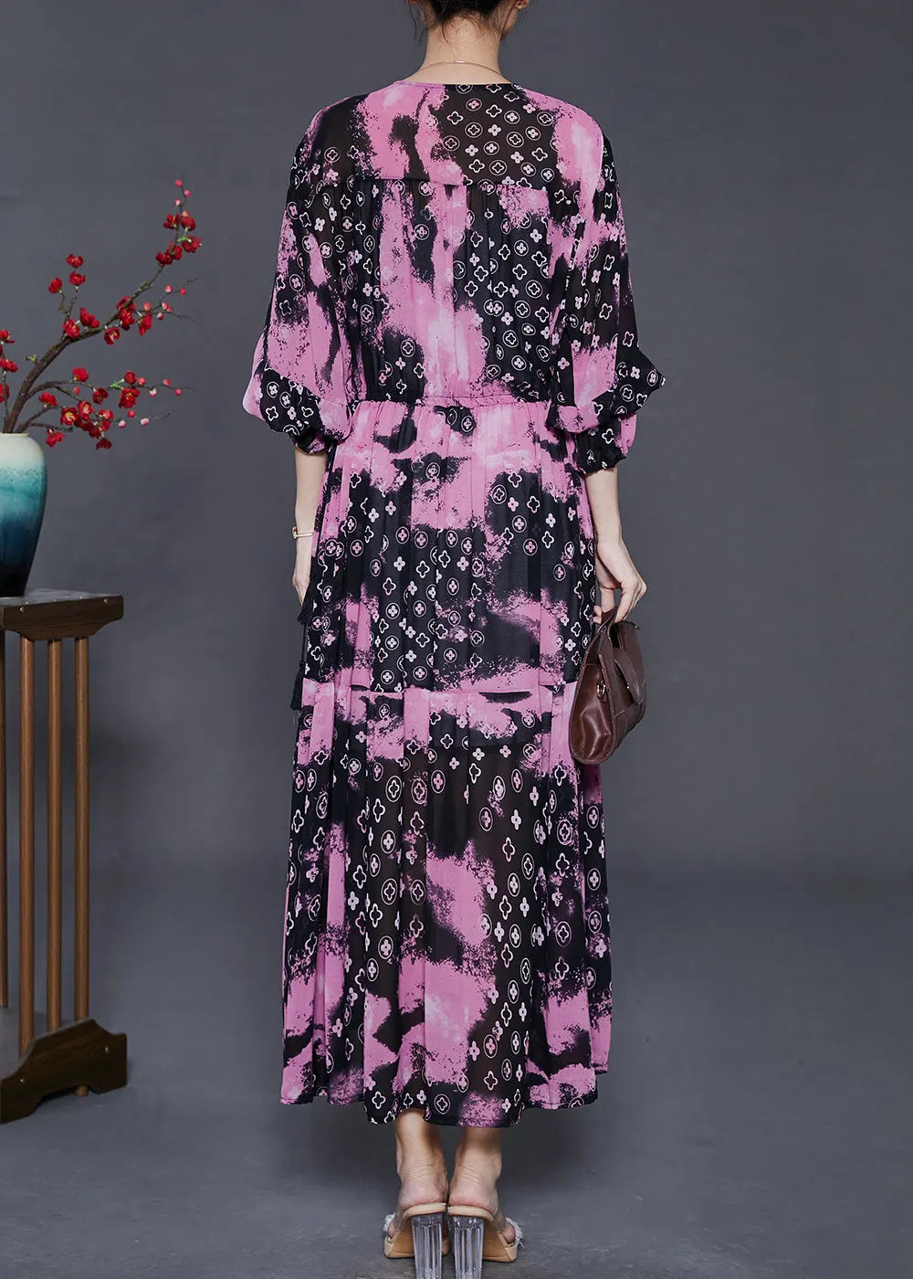 Rose Cinched Exra Large Hem Chiffon Dress Summer