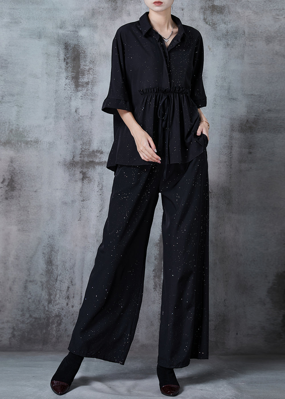 Organic Black Ruffled Sequins Chiffon Sets 2 Pieces Summer