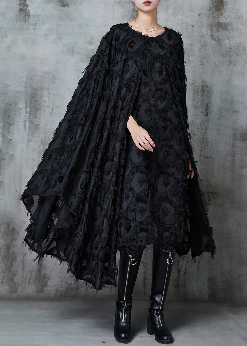 Black Fluffy Cotton Vacation Dresses Cloak Sleeves