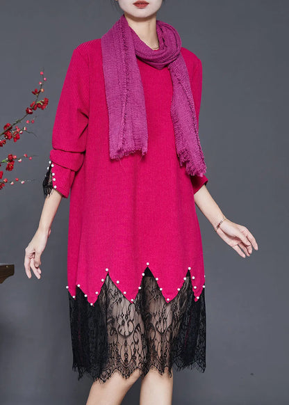 Rose Lace Patchwork Nail Bead Knit Dresses Spring