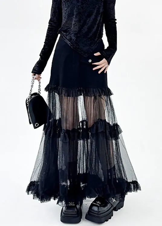 Art Black Ruffled Tulle Patchwork Skirt Summer