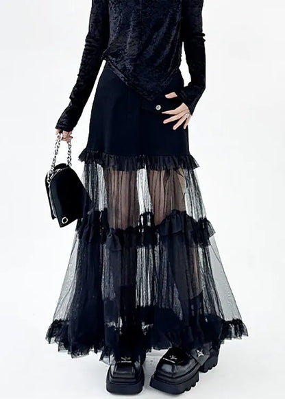 Art Black Ruffled Tulle Patchwork Skirt Summer