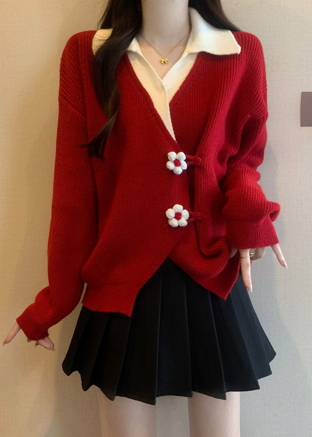 Red Flower Patchwork Knit Fake Two Piece Sweaters Fall