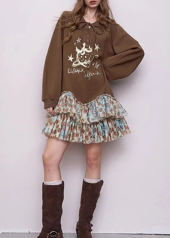 Brown Oversized Patchwork Cotton Sweatshirts Dress Fall