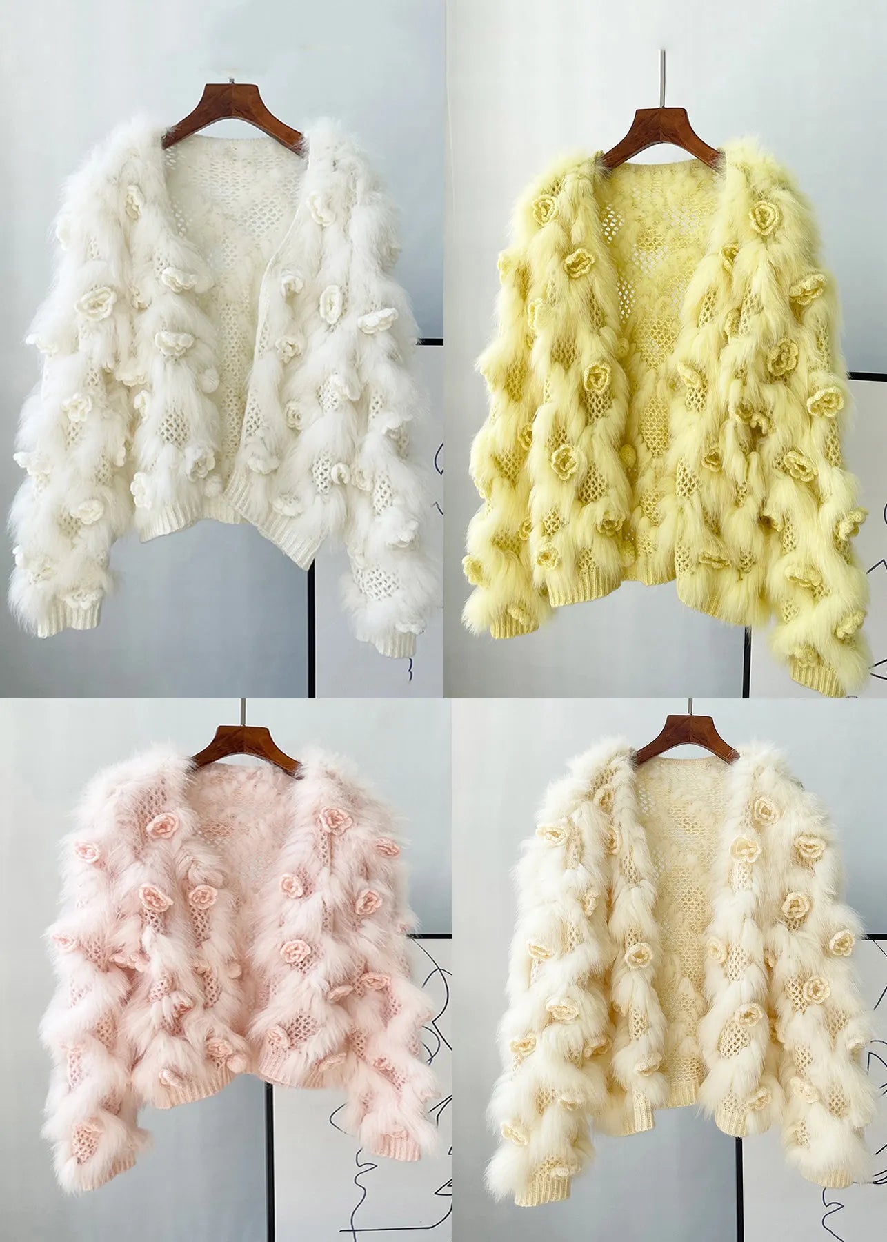 Yellow Patchwork Mink Hair Knitted Coats Lantern Sleeve