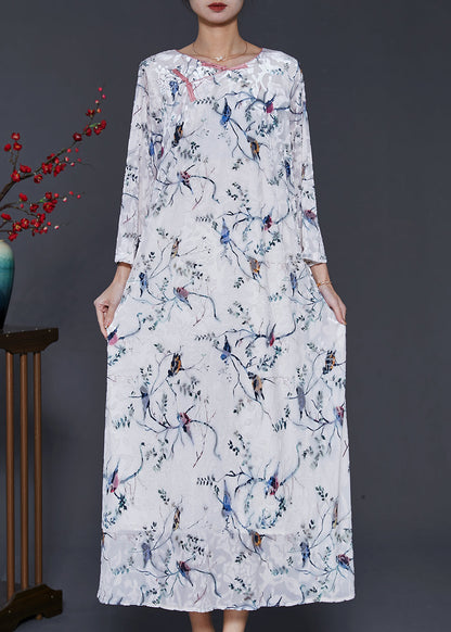 White Chinese Button Print Silk Velour Dress Spring