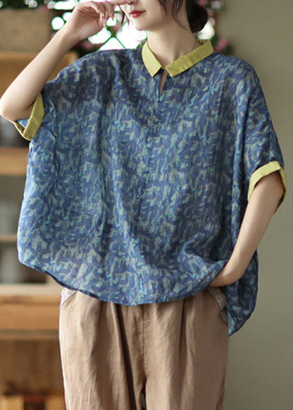 Navy Peter Pan Collar Print Ramie Top Summer