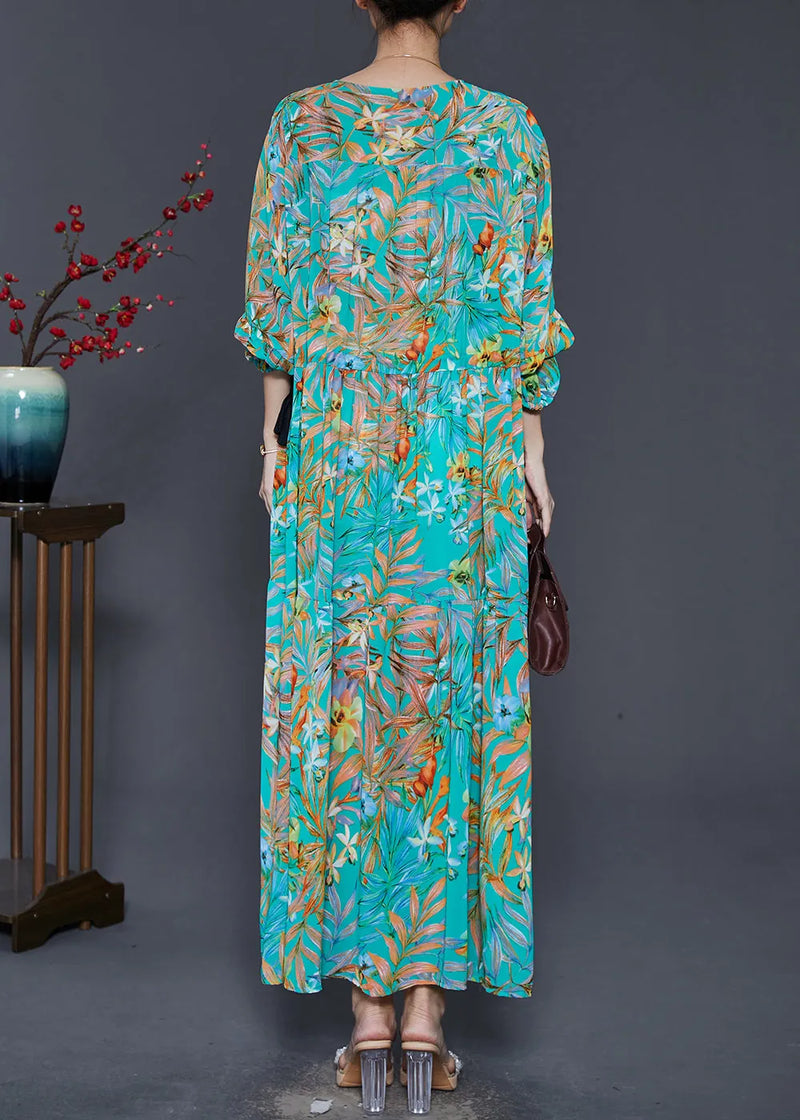 Loose Green Cinched Print Chiffon Holiday Dress Spring
