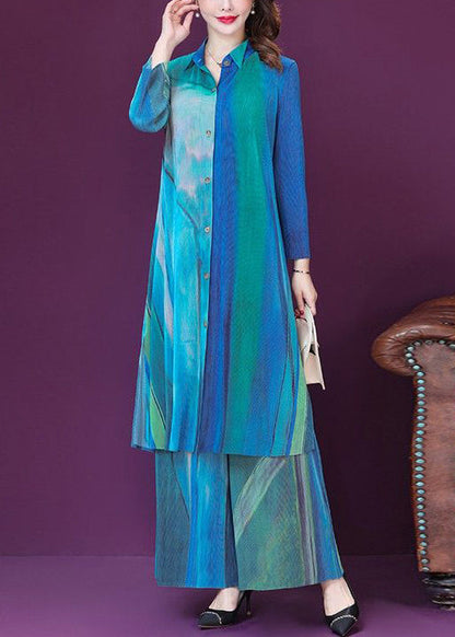 Blue Print Side Open Silk Long Shirt and Wide Leg Pants Two Pieces Set Spring