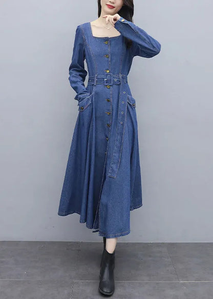 Fitted Blue Square Collar Button Sashes Pocket Cotton Denim Dress Long Sleeve