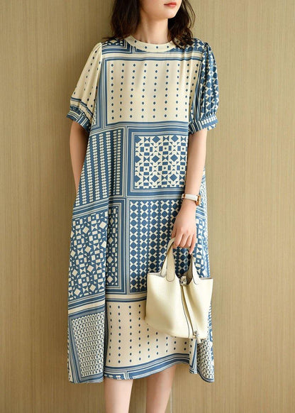 Loose Blue O-neck Print Summer Cotton Short Sleeve Dress