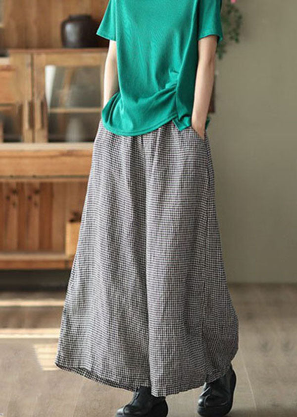 Small Plaid Pockets Patchwork Linen Wide Leg Pants Summer
