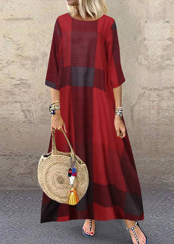 Khaki O-neck Plaid Maxi Dresses Half Sleeve