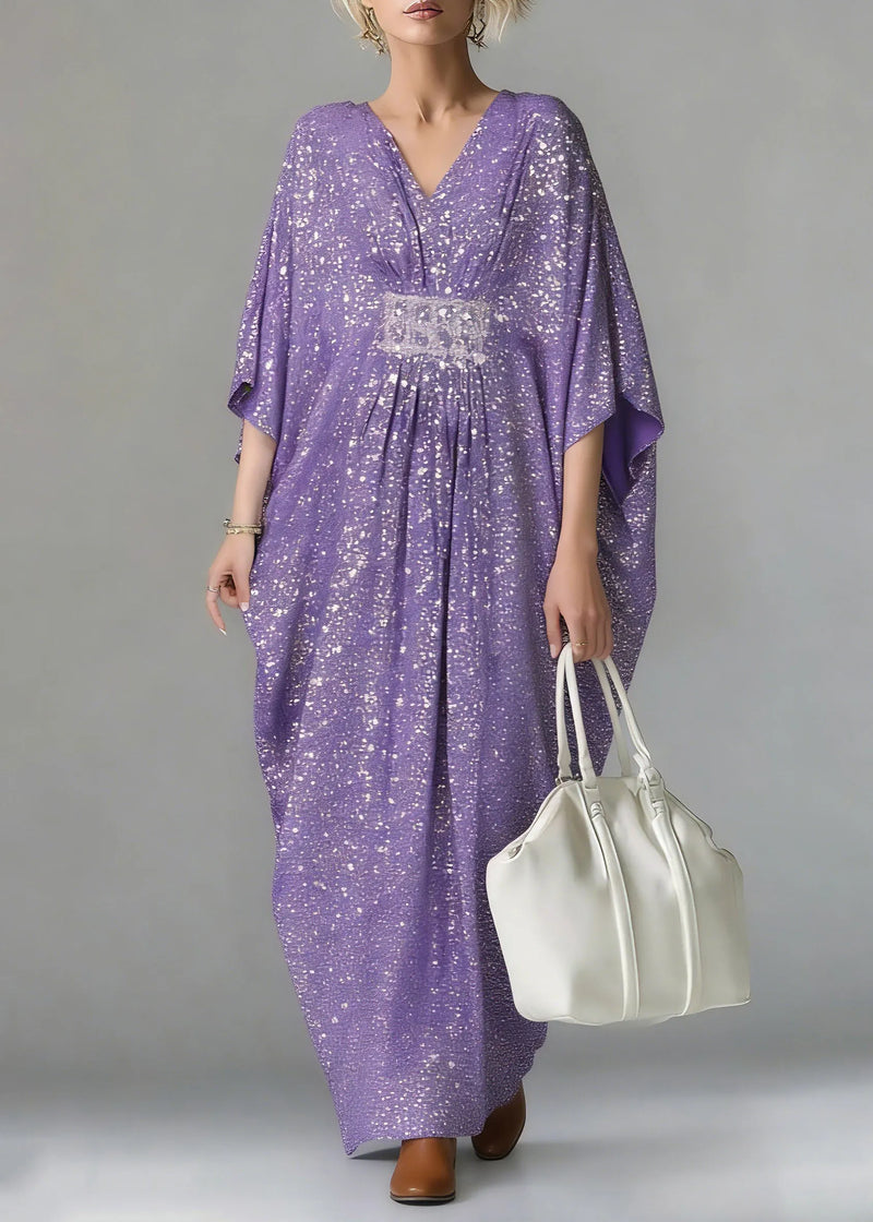 Purple Sequins Tunic Holiday Long Dress Batwing Sleeve