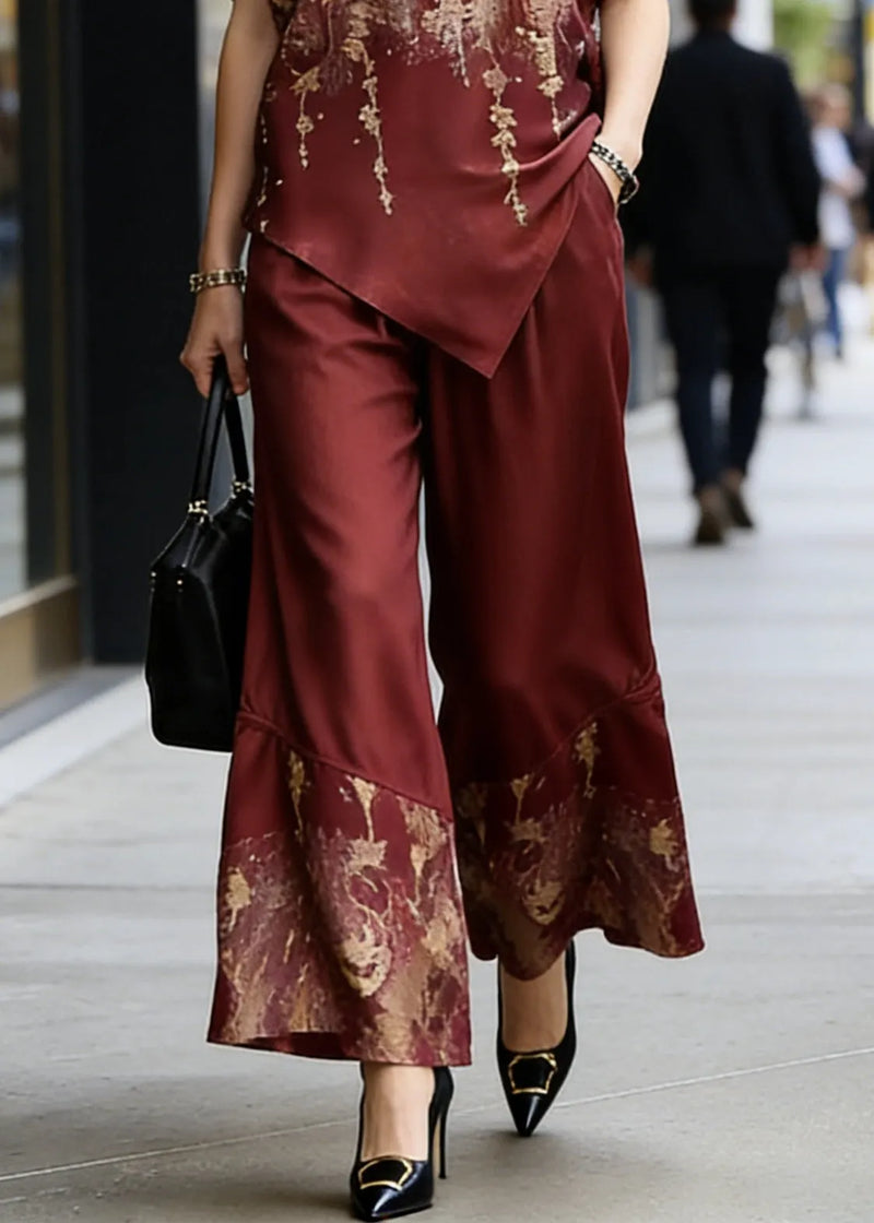 Classy Red O-neck Print Asymmetrical Silk Two Pieces Set Summer