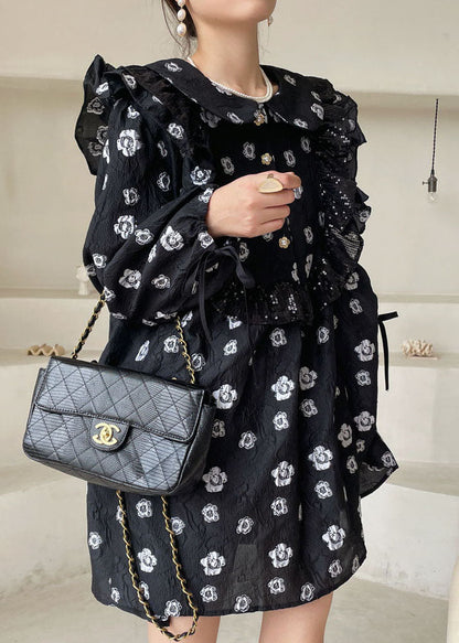 Black Print Ruffled Mini Dress Spring