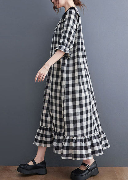 Grey Plaid Ruffled Patchwork Ruffles Cotton Dresses Summer