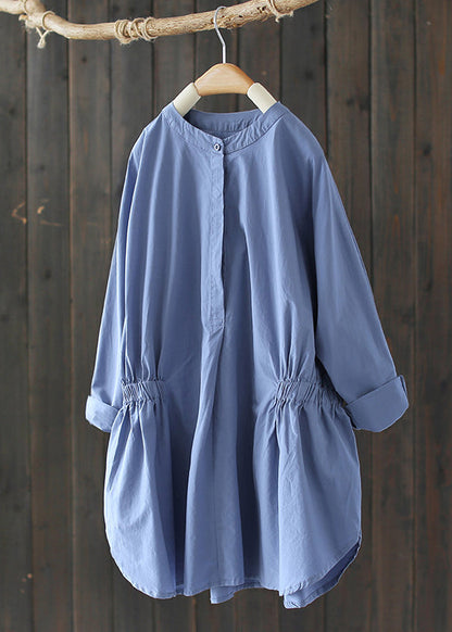 Sky Blue Stand Collar Cinched Shirt Tops Long Sleeve