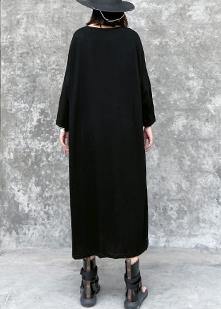 French Black-flower Tunics for O Neck Pockets a Line Dress
