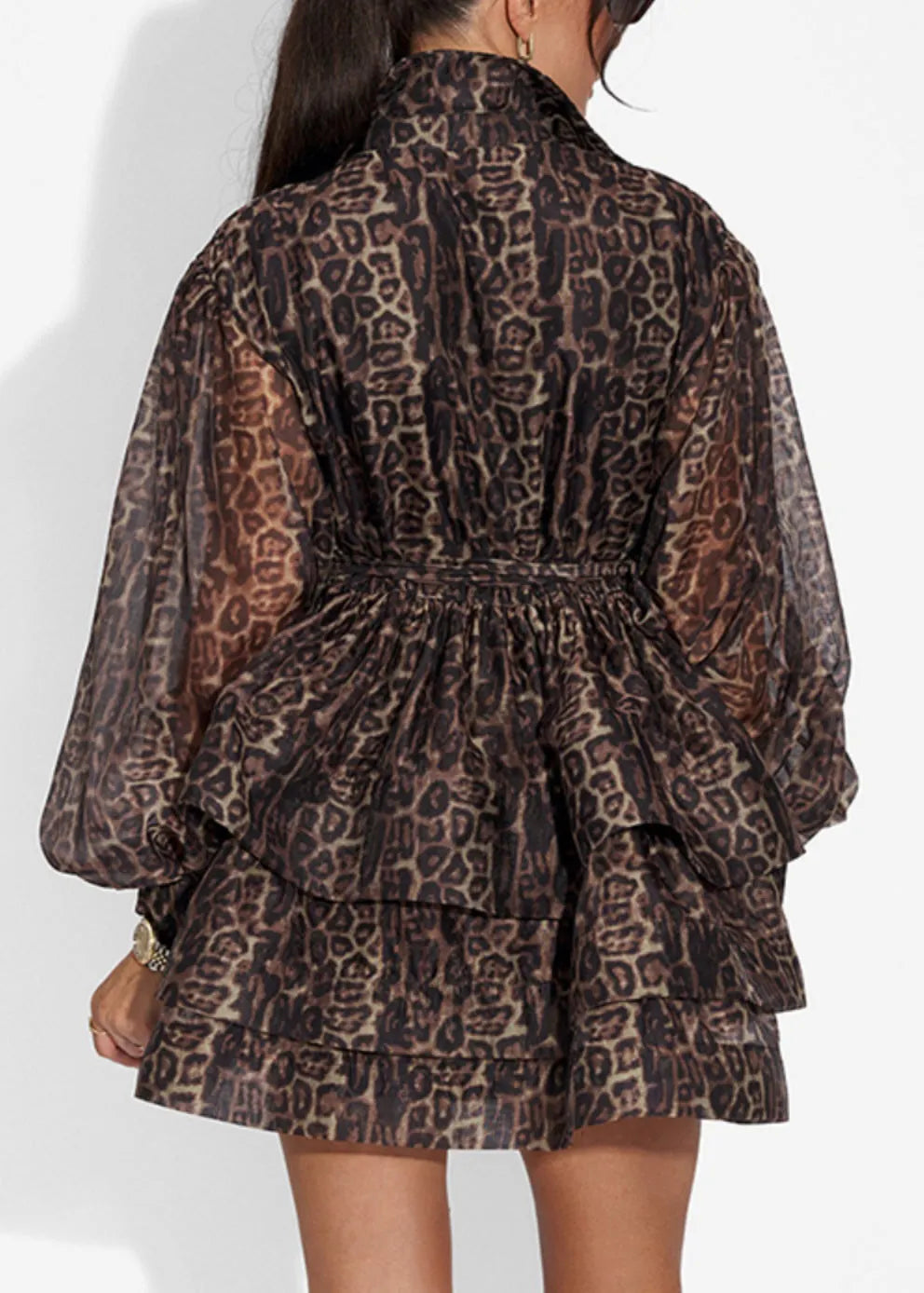 Leopard Peter Pan Collar Tie Waist Chiffon Shirt Dresses Spring