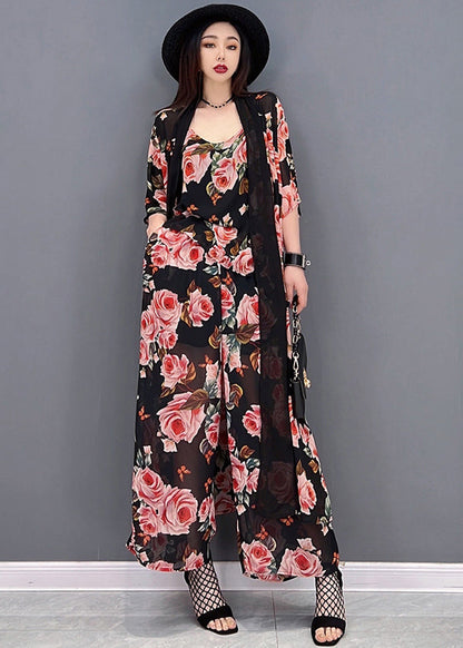 Black Print Draping Chiffon Sets 3 Pieces Summer