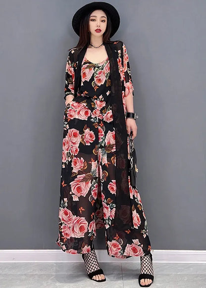 Black Print Draping Chiffon Sets 3 Pieces Summer