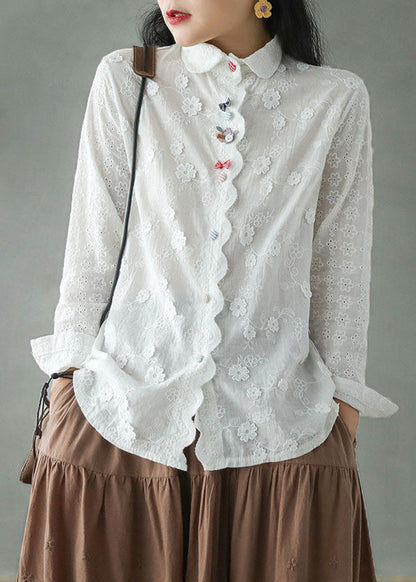 Diy White Embroideried Three-dimensional Cotton Shirt Top Long Sleeve