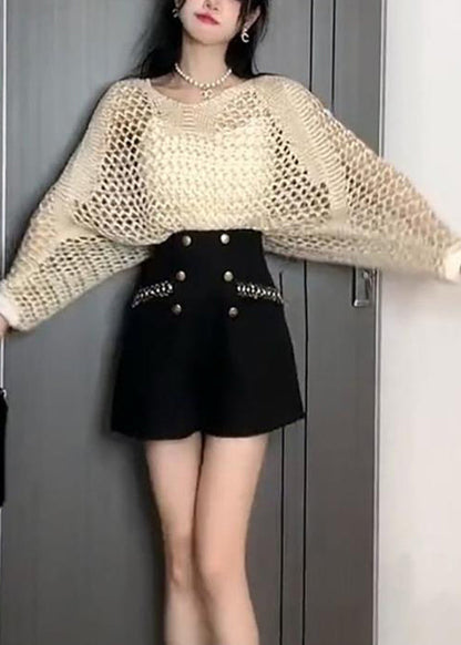 French Black Hollow Out Thin Knit Sweater Batwing Sleeve Fall