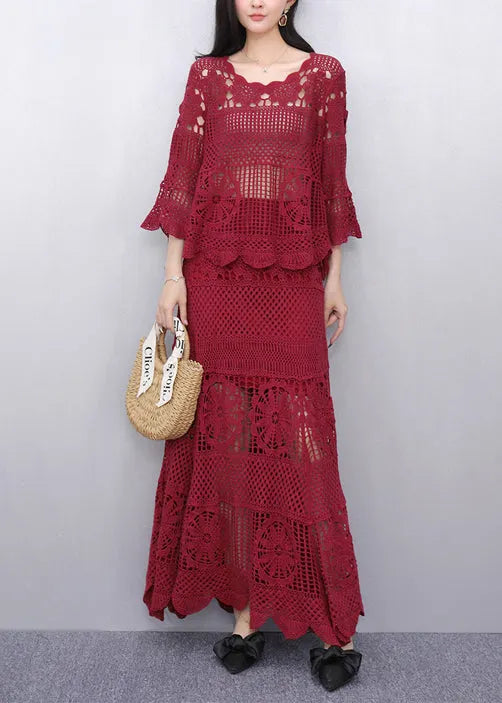 Style Red Hollow Out Knit Two Pieces Set Flare Sleeve