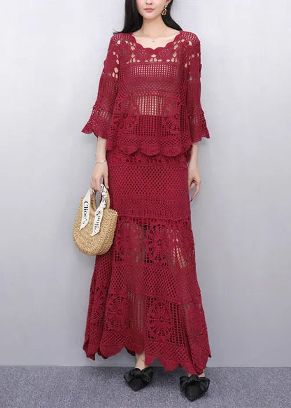 Style Red Hollow Out Knit Two Pieces Set Flare Sleeve
