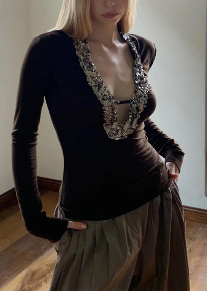 Coffee U Neck Sequins Silk Top Spring