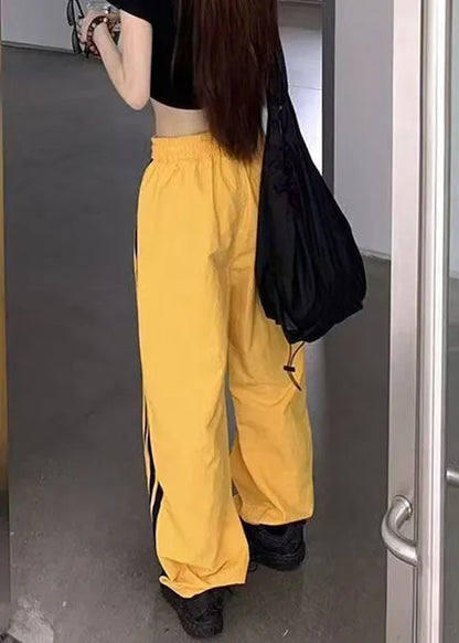 Yellow Striped Elastic Waist Cotton Pants Spring