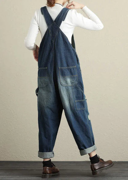 Baggy Navy Pockets Patchwork Denim Jumpsuits Spring
