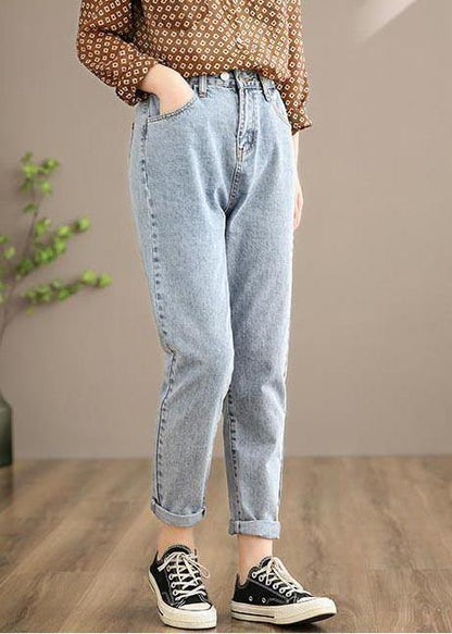 Vivid Spring Pants Denim Light Blue Work Outfits Elastic Waist High Waist